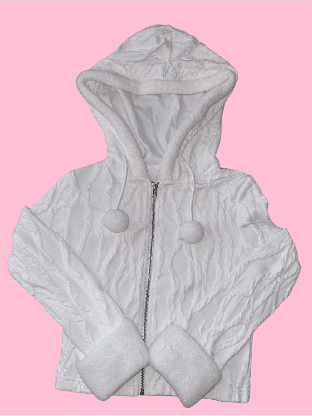 White Hooded Zip-Up Jacket with Pom Pom Ties